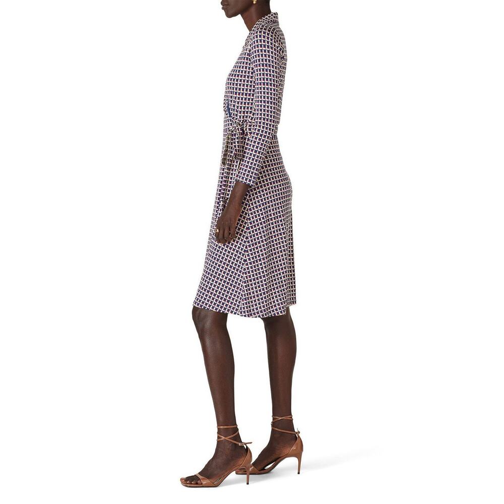 L.K. Bennett Wrap Dress Womens 8 Navy Cream Geometric Print Long Sleeve Midi - Picture 3 of 11